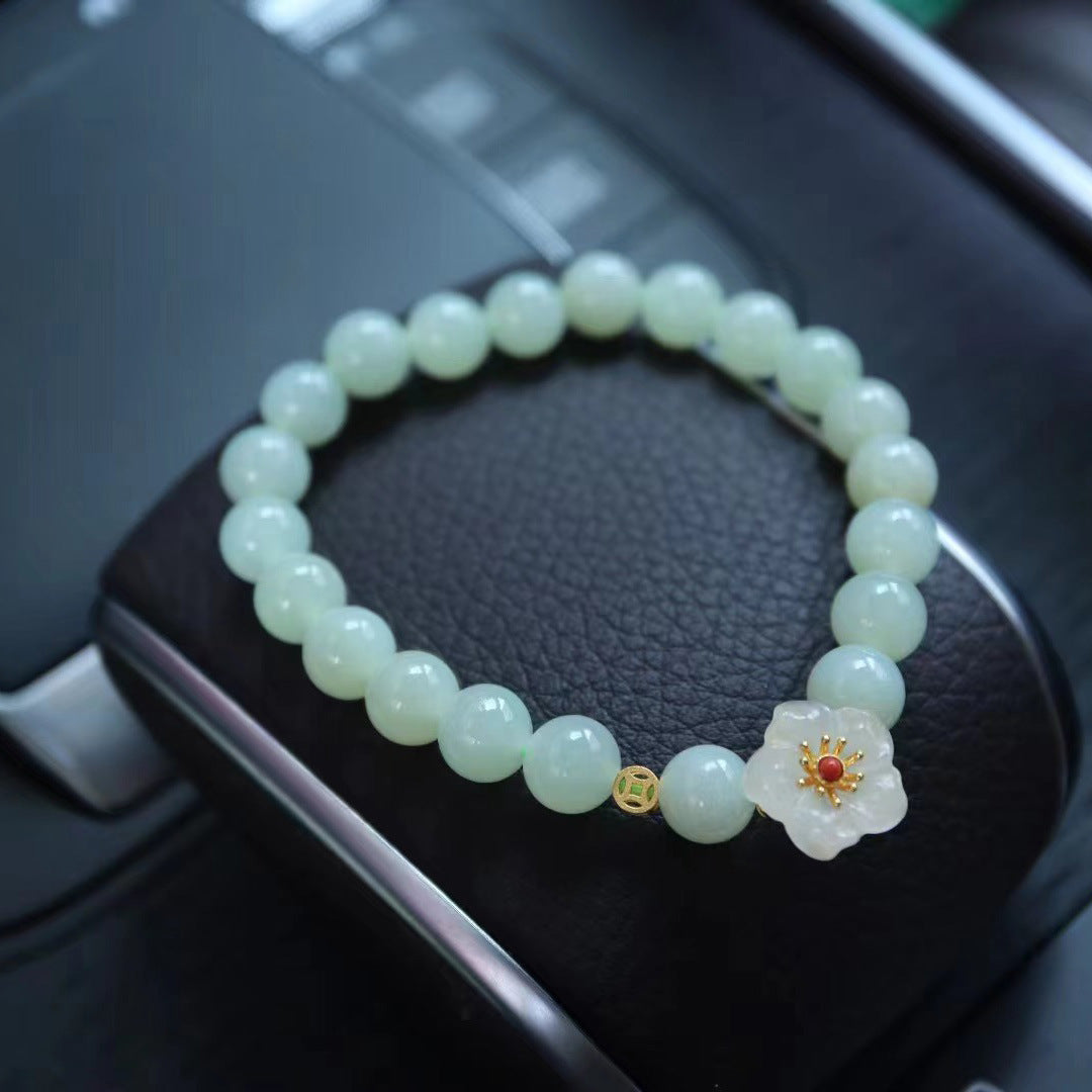 天然8MM和田玉圆珠单圈手链S925银镀金隔片两世欢手串