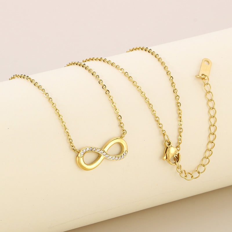 Cross-border titanium steel light luxury micro-diamond figure 8 pendant necklace necklace with infinite numbers 8 figure 8 collarbone chain necklace jewelry