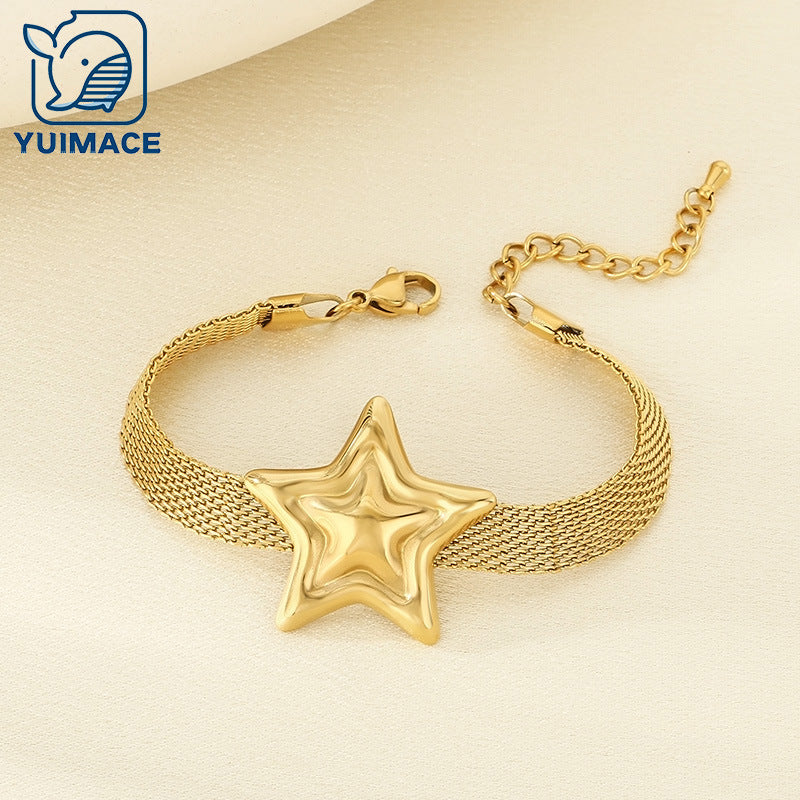 Fashion Creative Personality Stainless Steel Gold Braided Mesh Strap Chain Pentagram Pendant Bracelet Jewelry