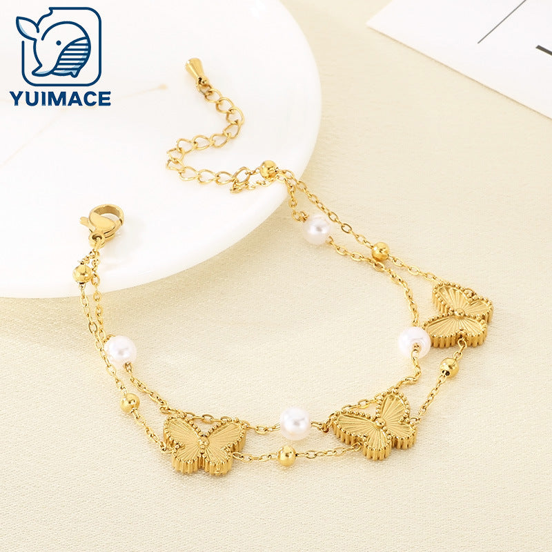Cross-border fashion double-layer wearing stainless steel butterfly chain pearl bracelet jewelry for girlfriends' birthday gifts