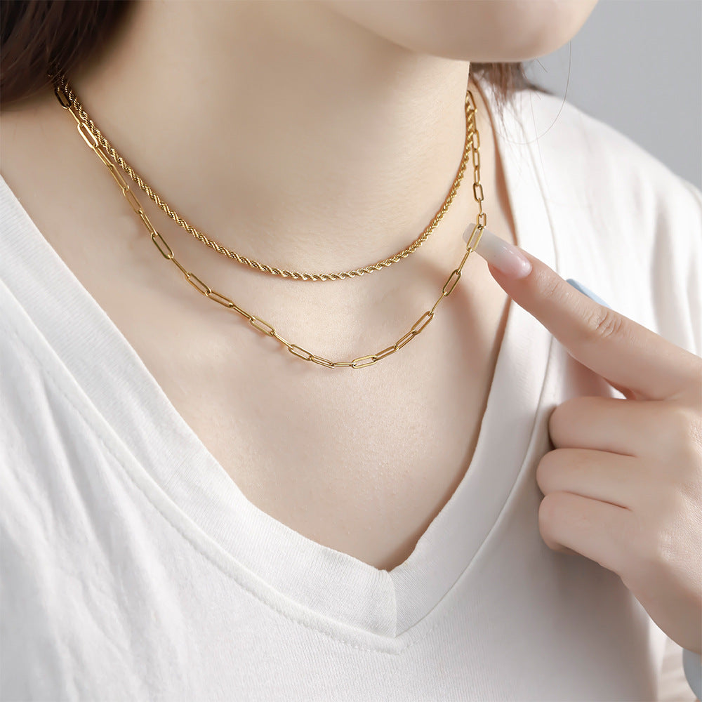 Cross-border hot-selling stainless steel double-layer necklace twist chain long cross chain titanium steel necklace vacuum-plated 18K collarbone chain