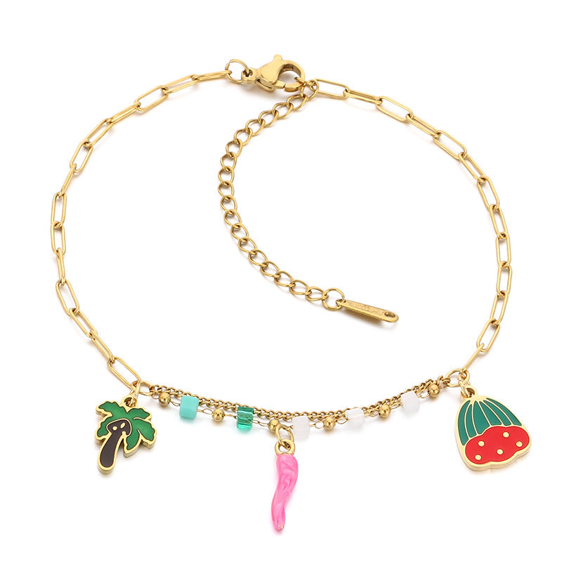 INS fresh and fashionable stainless steel double chain cartoon fruit pendant anklet titanium steel holiday jewelry foot decoration