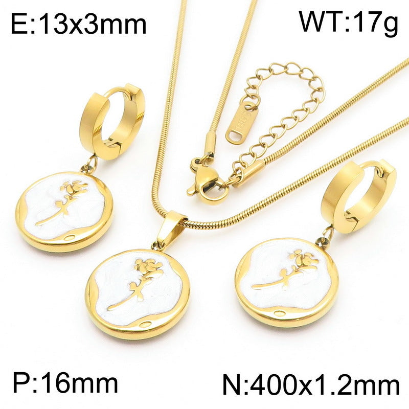 Cross-border fashion pattern butterfly rose pendant three-dimensional stainless steel collarbone chain black and white round drop ear buckle set