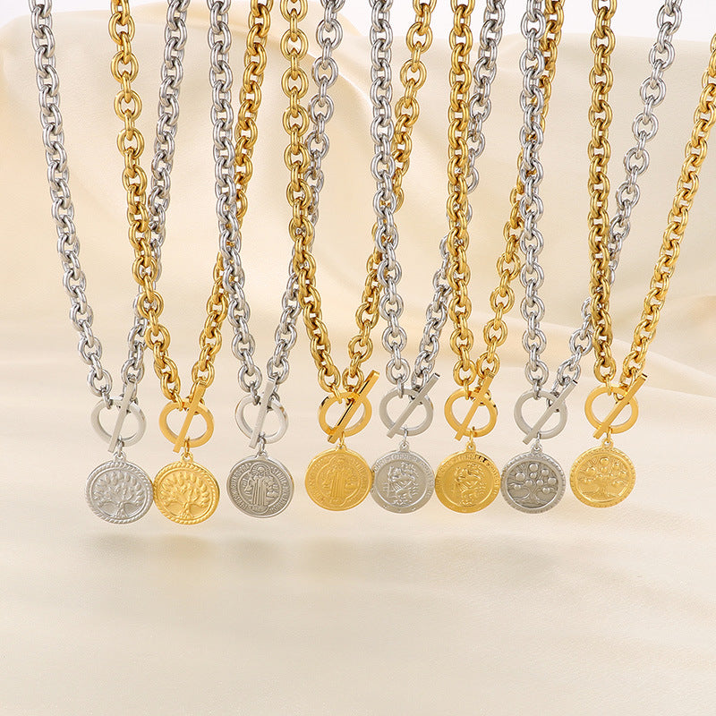 European and American fashion personalized retro portrait tree round brand stainless steel pendant chain high-end temperament set jewelry