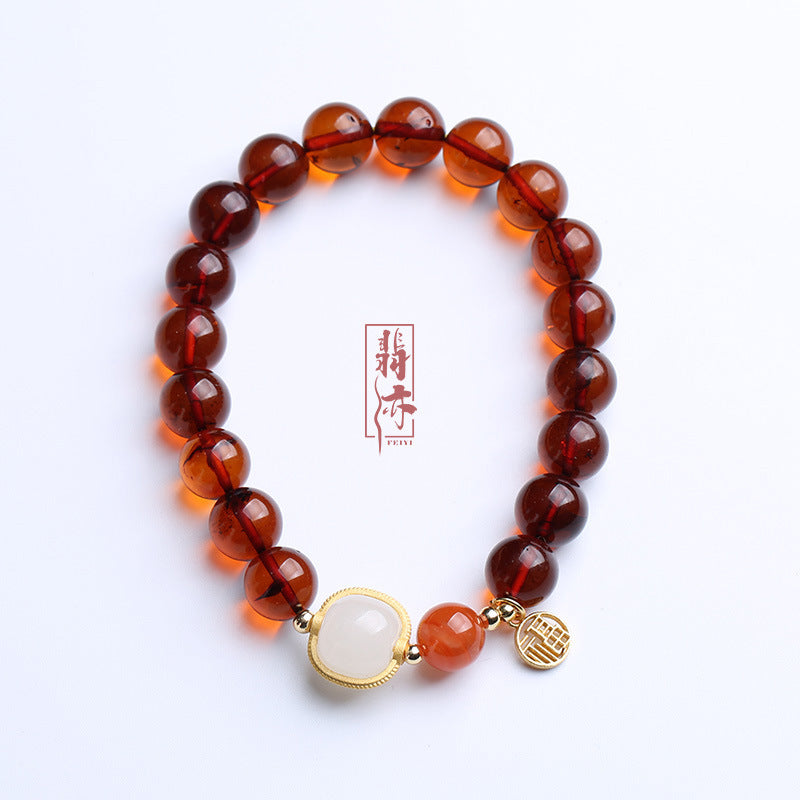 天然血珀南红单圈手串男女 和田玉路路通吊福牌手链