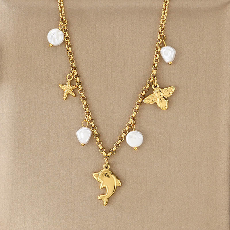 Gold Layered Charm Necklace with Pearl & Symbol Pendants
