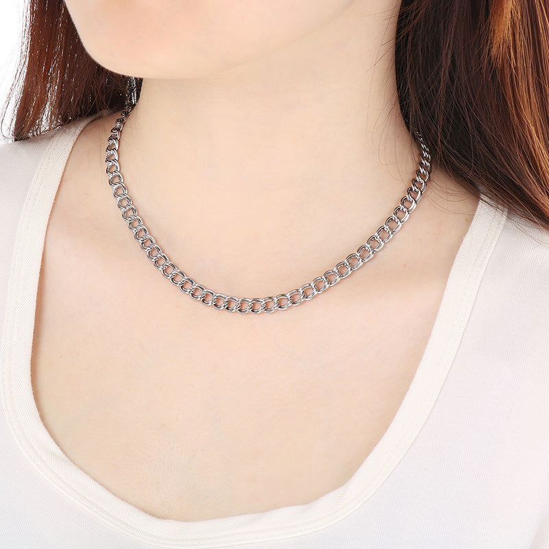 European and American cross-border jewelry stainless steel double-circle side chain women's INS style personalized hip-hop 18K gold collarbone chain necklace