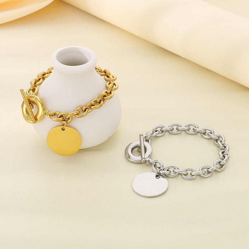 New titanium steel high-grade stainless steel OT buckle big round brand pendant bracelet OT buckle popular lettering titanium steel bracelet