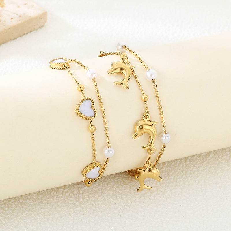 ins wind summer beach vacation ocean wind stainless steel love pendant bracelet stacked with stainless steel dolphin anklet