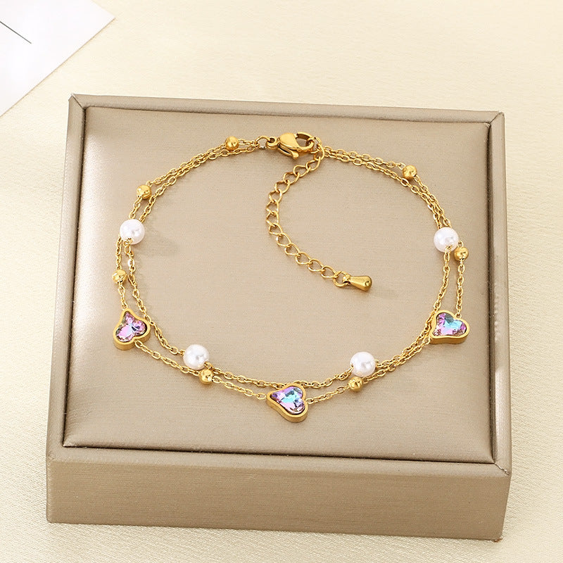 Korean version of light luxury high-end color stone love layered double-layer pearl stainless steel anklet women's versatile chain foot ornament