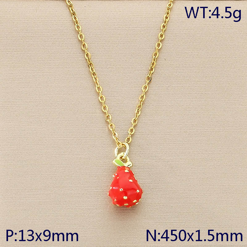 Mini Enamel Strawberry Charm Gold Necklace