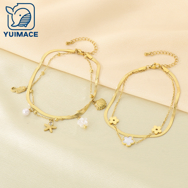 Summer seaside beach wind double stacked marine life starfish shell seahorse pendant stainless steel anklet foot decoration