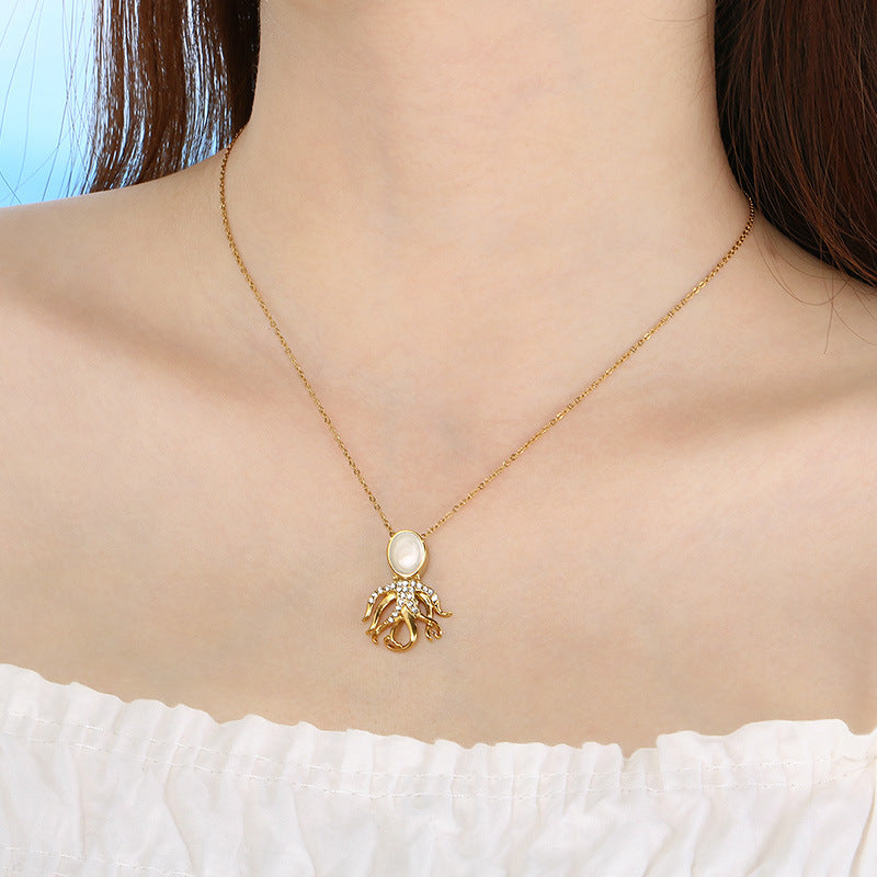 Cross-border Stainless Steel Ocean Beach Wind Pendant Necklace Female Premium Sense Pearl Octopus Clavicle Chain Pendant Jewelry