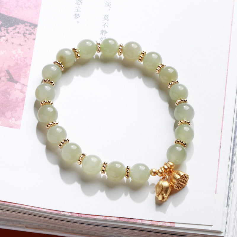 天然8MM和田玉圆珠单圈手链S925银镀金隔片两世欢手串