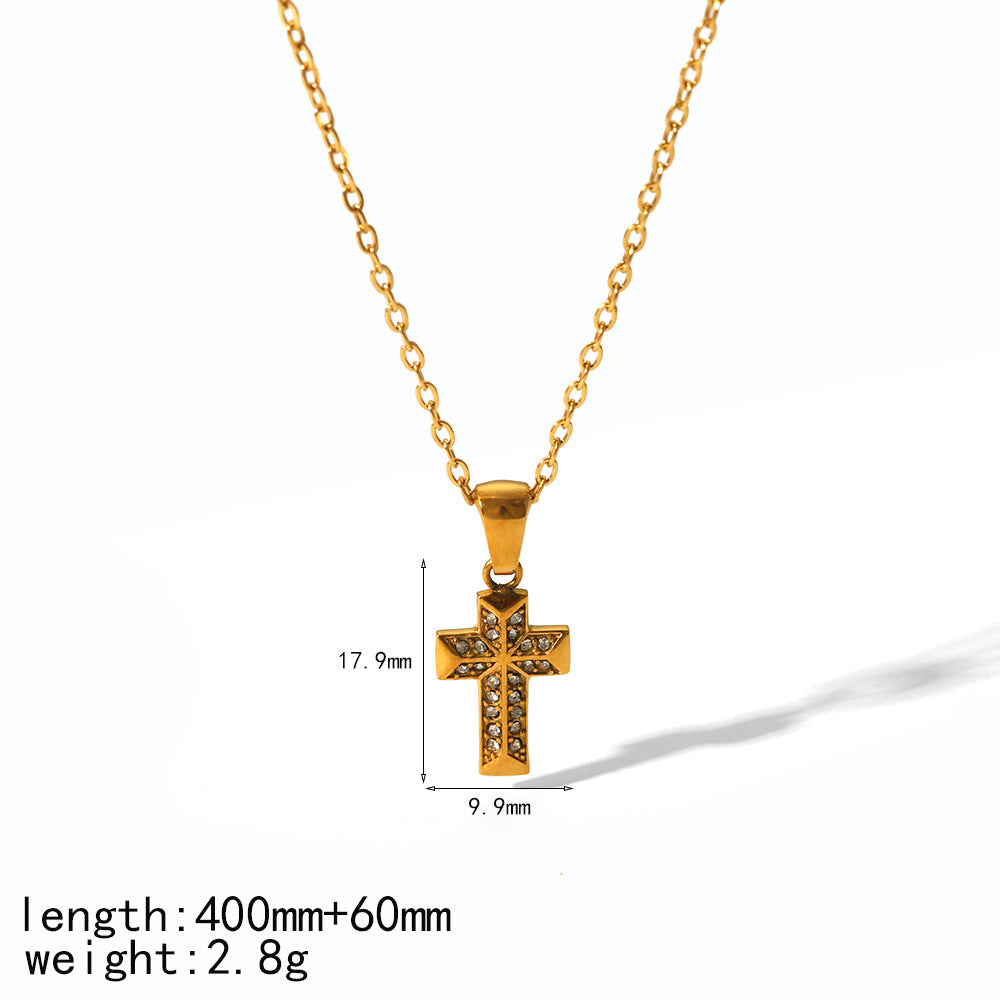 Cross-border new full diamond cross necklace European and American fashion temperament versatile stainless steel necklace collarbone chain jewelry
