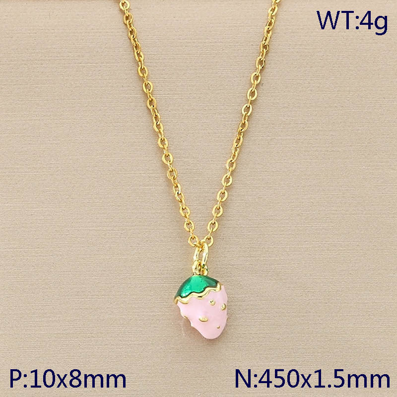 Mini Enamel Strawberry Charm Gold Necklace