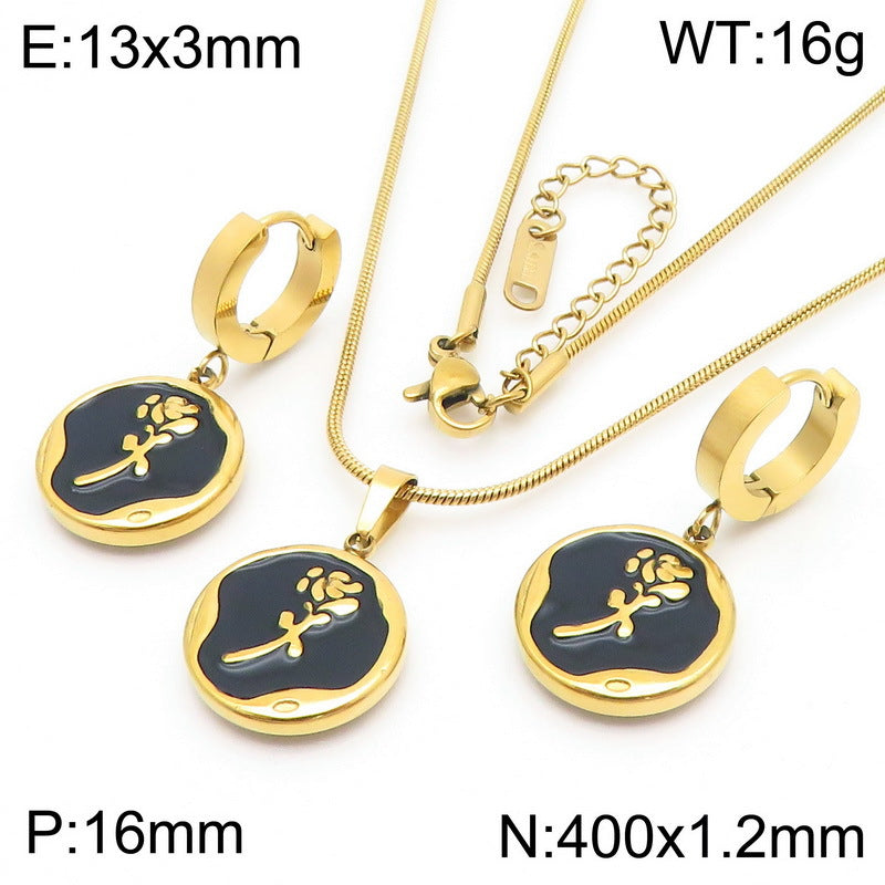Cross-border fashion pattern butterfly rose pendant three-dimensional stainless steel collarbone chain black and white round drop ear buckle set