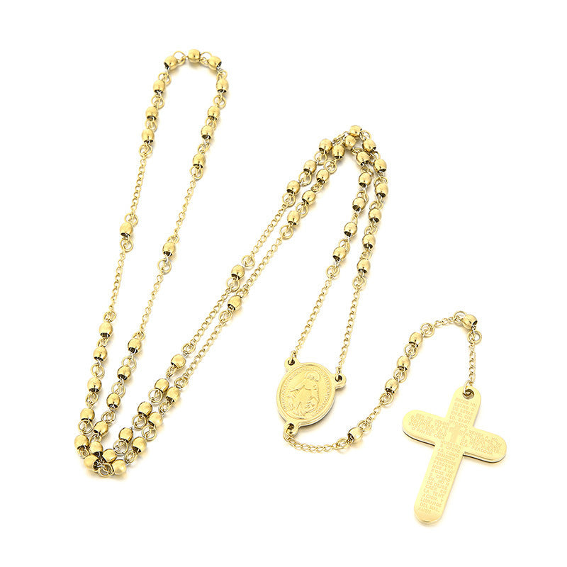 Cross-border European and American ins stainless steel niche design cross retro round bead necklace titanium steel collarbone chain necklace decoration women