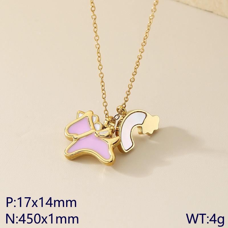 Creative cartoon design dripping rainbow unicorn titanium steel necklace female collarbone chain fashion pendant spot jewelry