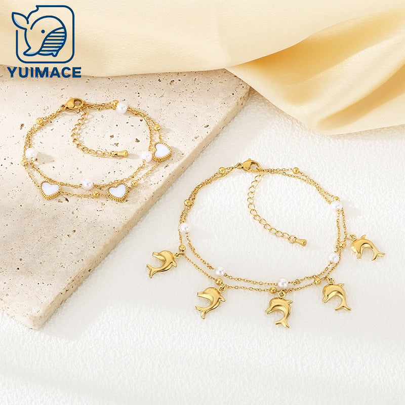 ins wind summer beach vacation ocean wind stainless steel love pendant bracelet stacked with stainless steel dolphin anklet