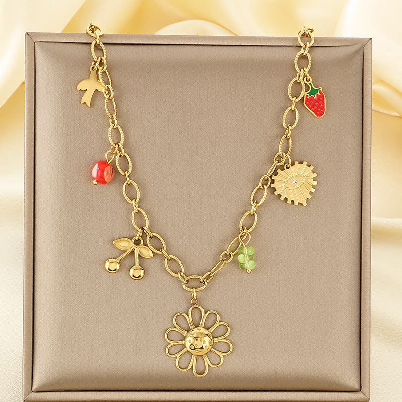 European and American cross-border jewelry sweet wind flower irregular necklace temperament small fresh fruit stainless steel collarbone chain women
