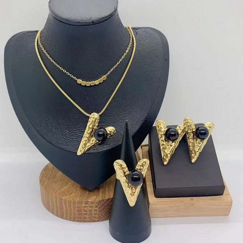 Amazon cross-border stainless steel set women's jewelry inlaid with pearl turquoise love pendant four-piece jewelry