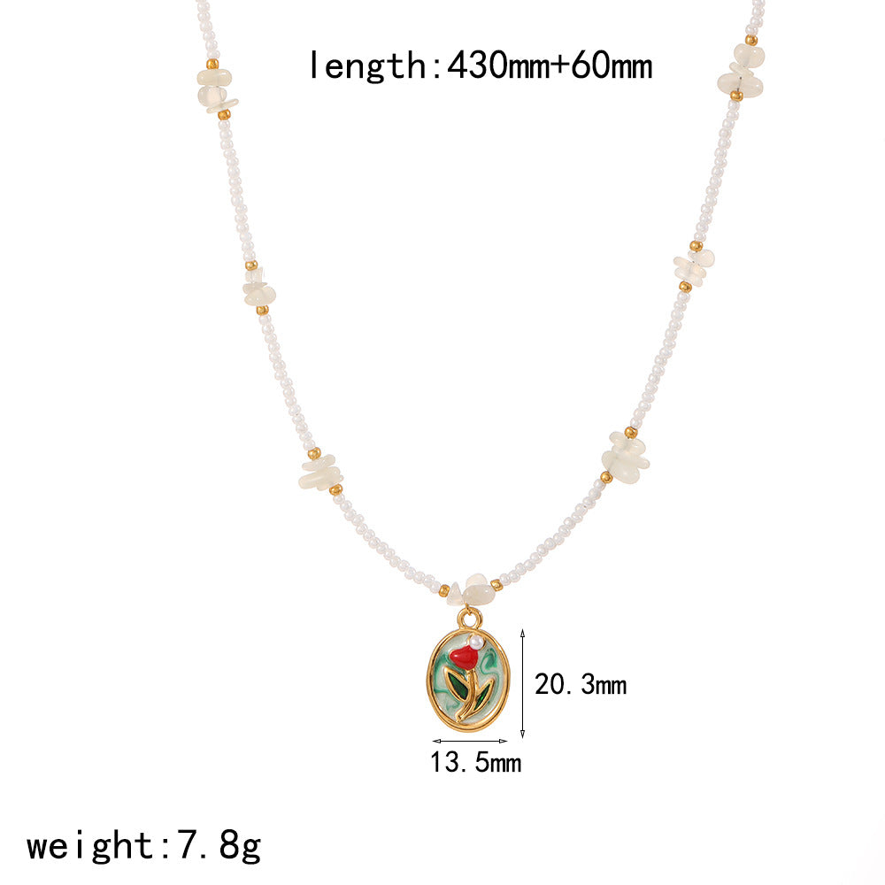 Cross-border colorful Epoxy Stainless Steel Necklace Women's Fashion Versatile Premium Sense Pearl Chain Rose Flower Clavicle Chain