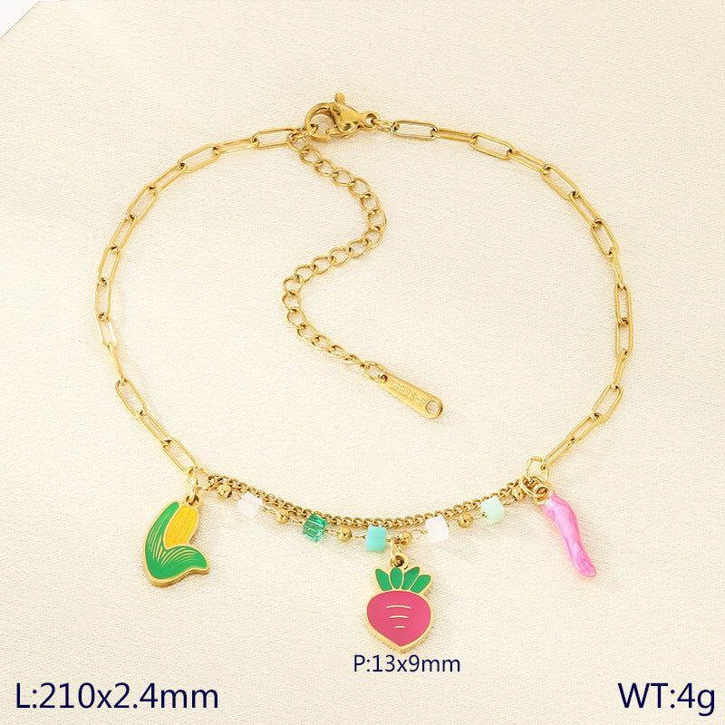 INS fresh and fashionable stainless steel double chain cartoon fruit pendant anklet titanium steel holiday jewelry foot decoration