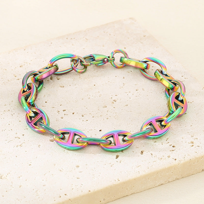Simple ins stainless steel Japanese pig nose chain bracelet creative cool wind 9mm mixed color pig nose titanium steel bracelet