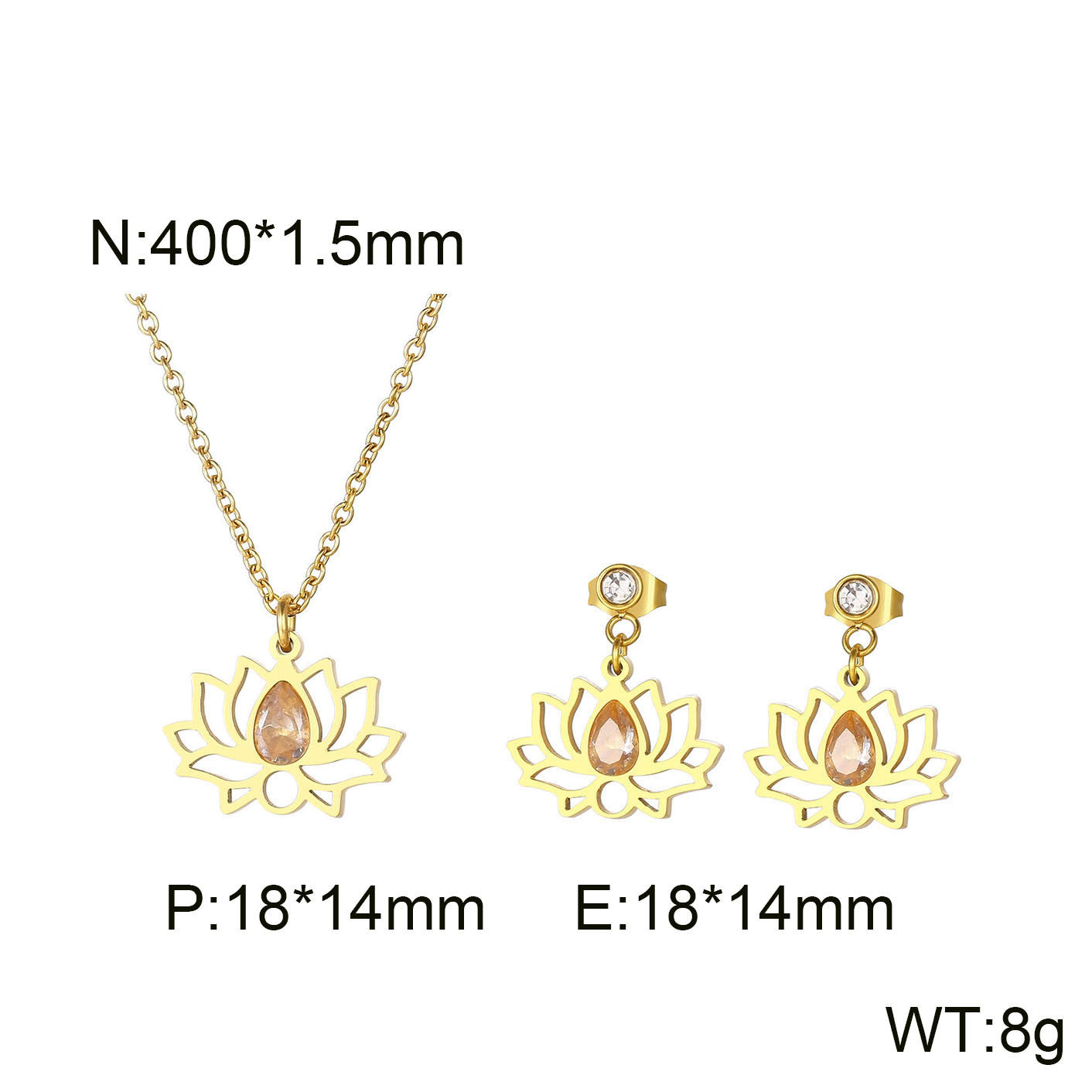 Cross-border new stainless steel zircon lotus set, creative hollow flower water drop stone pendant jewelry three-piece set