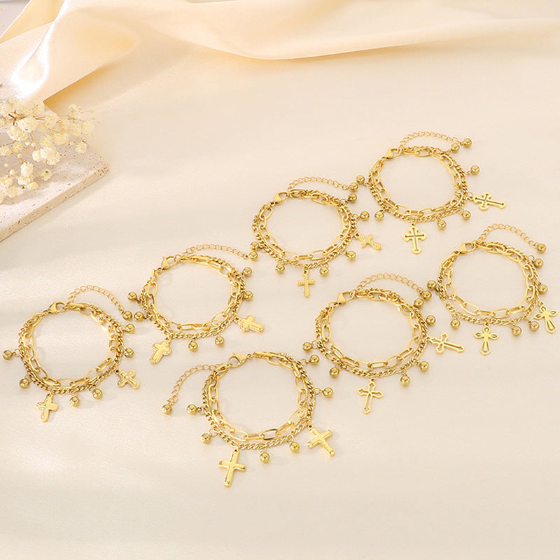 Simple and versatile ins wind double-layer stacked chain cross pendant stainless steel bracelet titanium steel jewelry