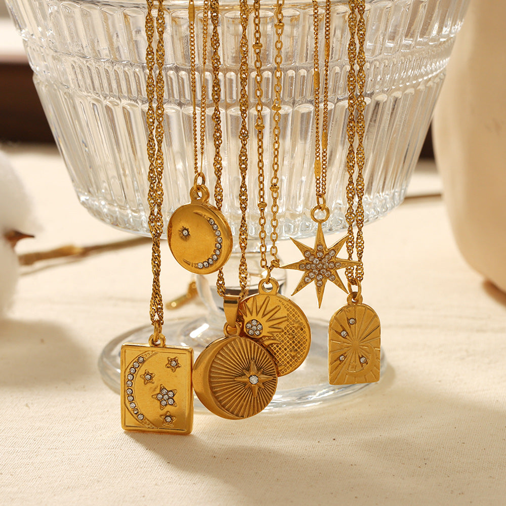 European and American light luxury titanium steel women's necklace 18K gold stainless steel diamond octagram moon pendant high-end sense item decoration