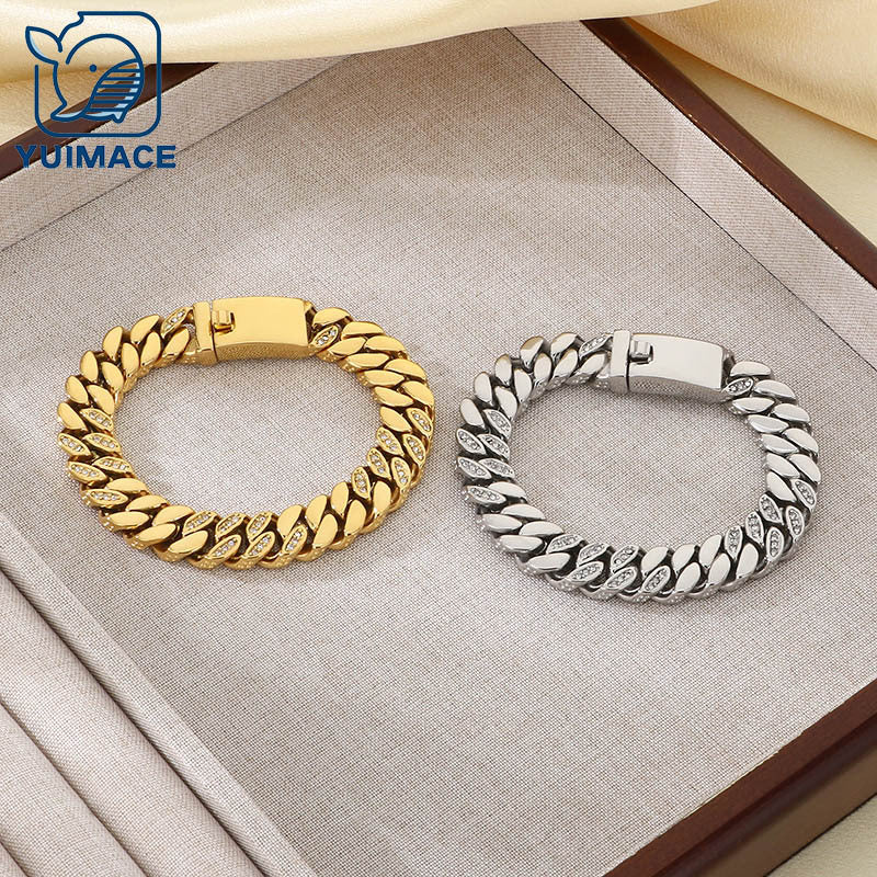 Fashion Trend Creative Design Diamond-encrusted Stainless Steel Cuban Chain Bracelet Vacuum Plated 18k Gold Couple Bracelet