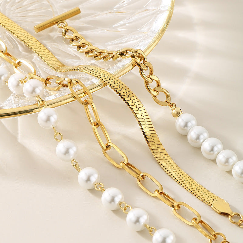 ins Pearl Beaded Flat Snake Chain Bracelet Stainless Steel Multi-layer Stacked Pearl Splicing Chain Premium Titanium Steel Jewelry