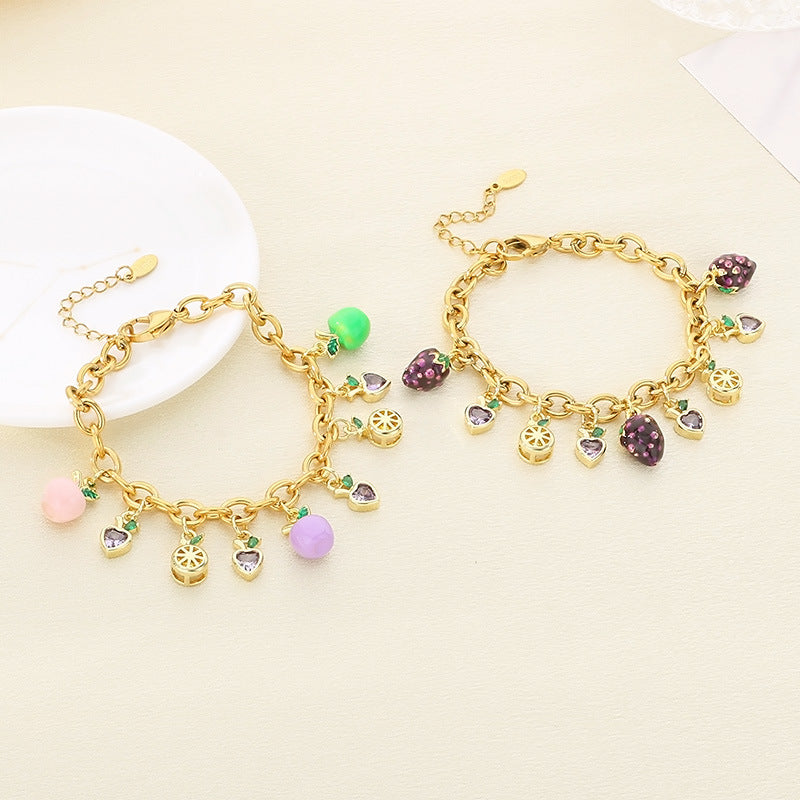 Cross-border fresh pastoral fruit series zircon strawberry durian cherry apple pendant stainless steel chain bracelet