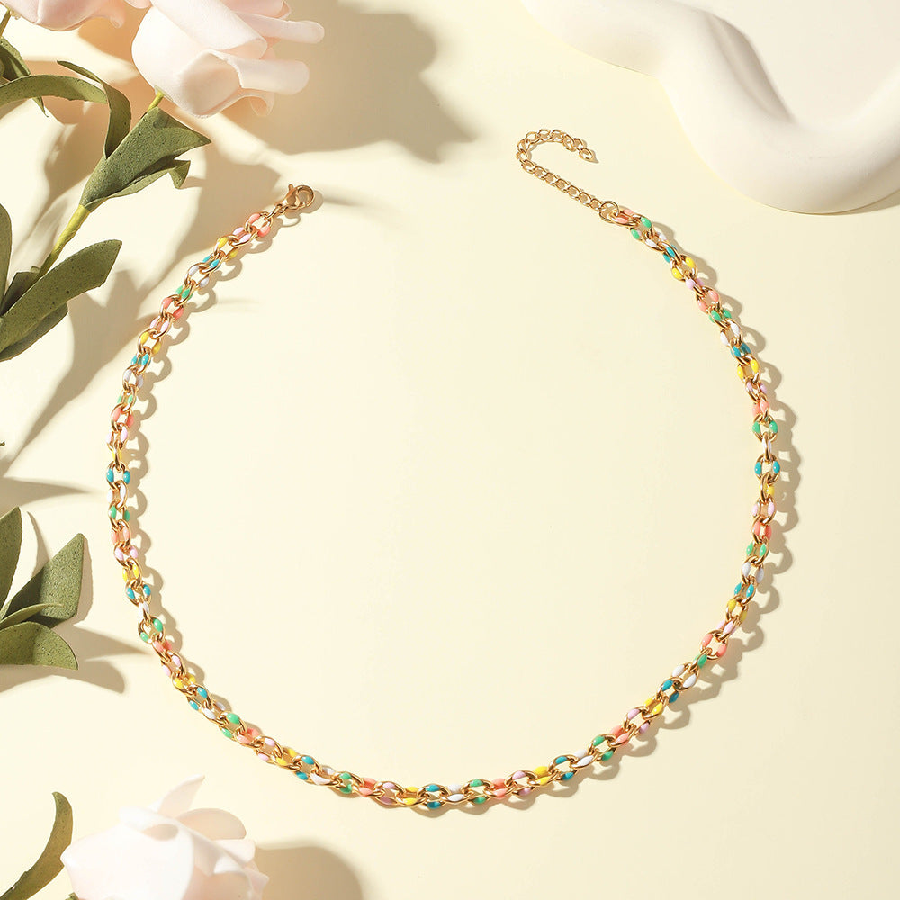 Cross-border special supply of personalized color drip stainless steel necklace, stainless steel cross bracelet, Epoxy pastoral anklet