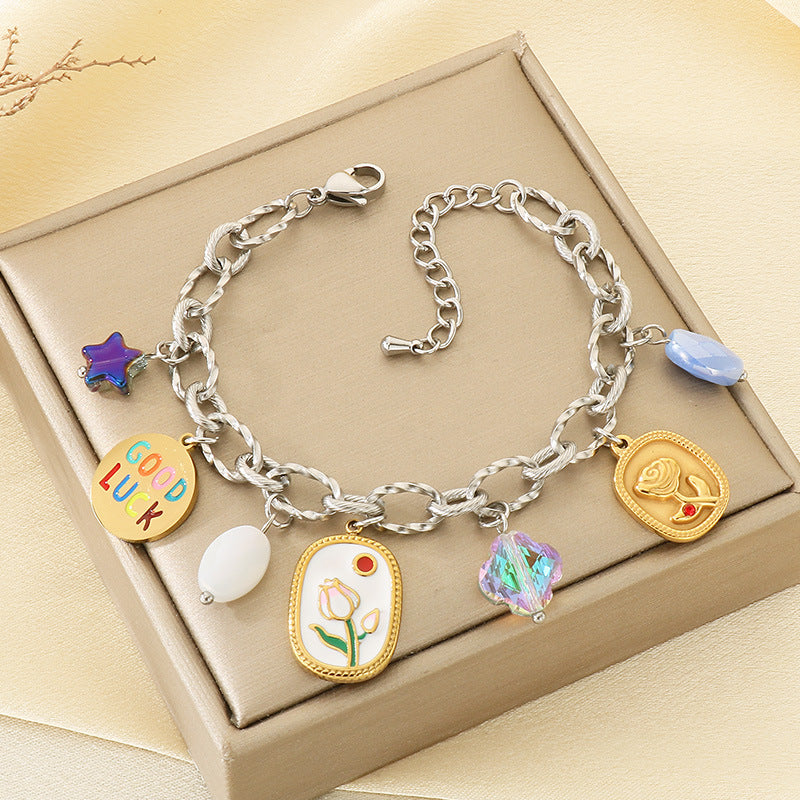 ins style high-end sense versatile 18K gold stainless steel star moon tulip chain versatile high-end sense bracelet for women