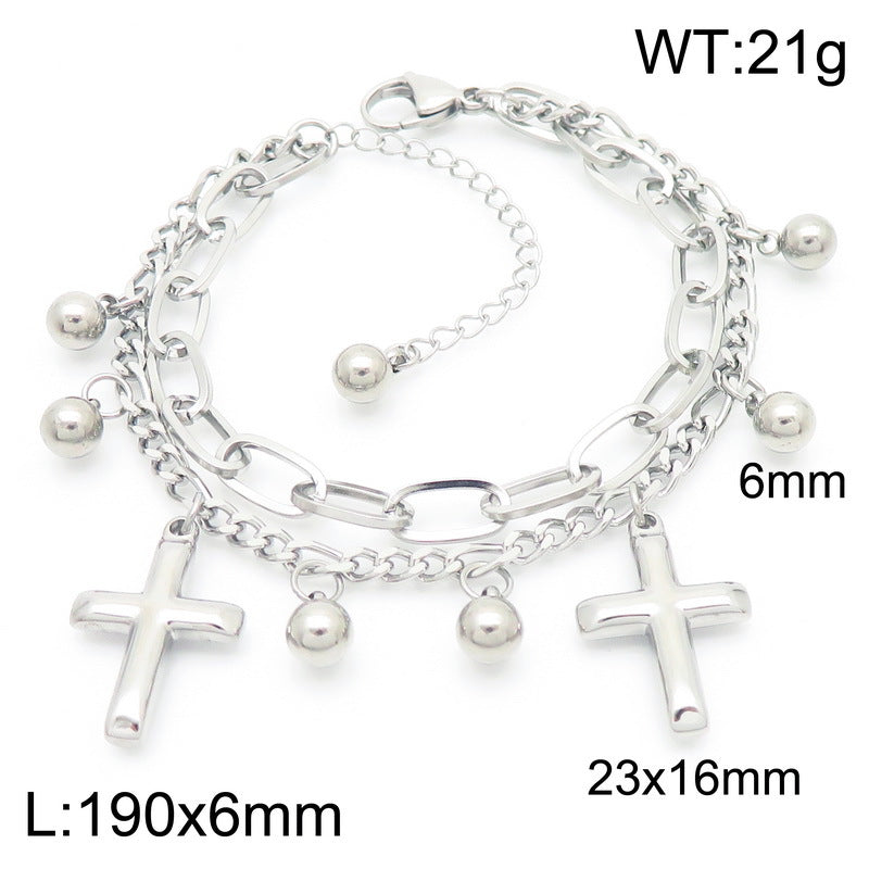 Simple and versatile ins wind double-layer stacked chain cross pendant stainless steel bracelet titanium steel jewelry