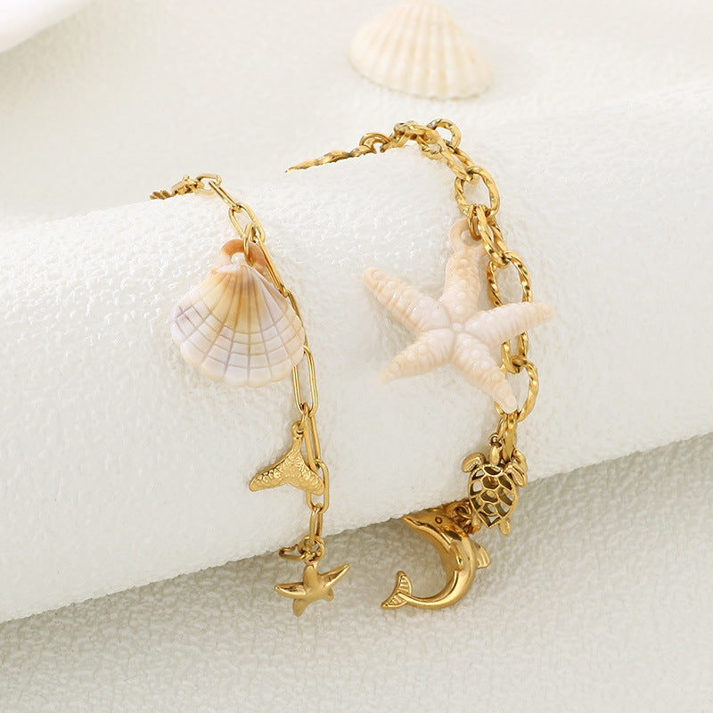 Seaside resort style stainless steel starfish turtle shell dolphin pendant bracelet plated 18K gold conch shell hand ornament