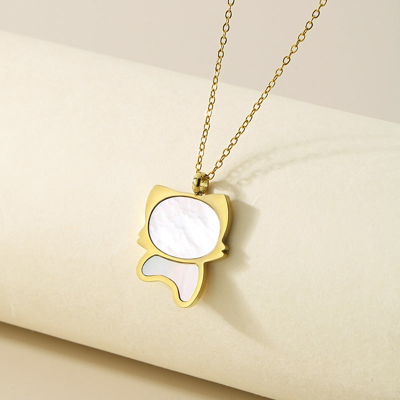 Daily childlike fun cute kitten feeling premium white fritillary pendant titanium steel necklace female niche design collarbone chain necklace
