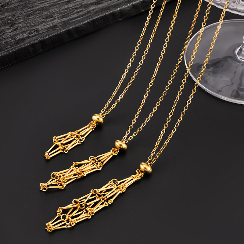 European and American cross-border stainless steel high-end bamboo necklace woven mesh pocket adjustment chain pendant mesh pocket halterneck jewelry