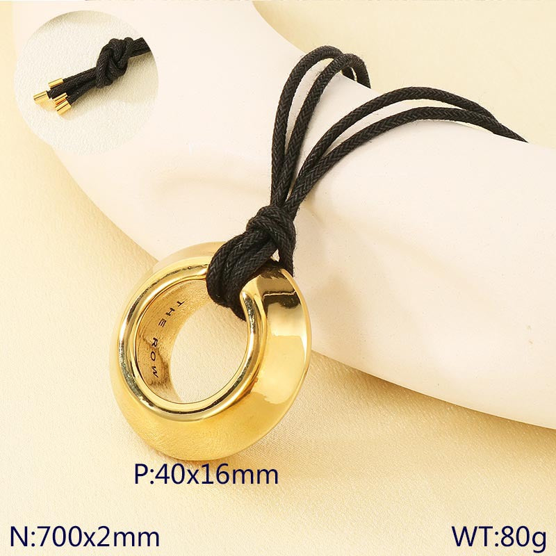 Cross-border retro hollow stainless steel ring pendant leather rope neck chain adjustable length necklace unisex necklace