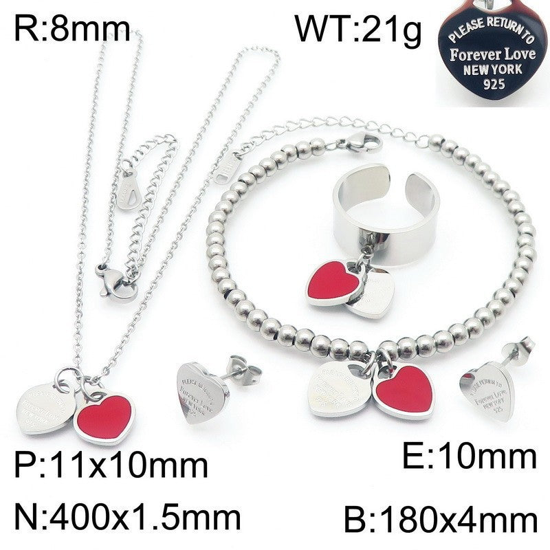 Gold Heart Charm Jewelry Set with Green Enamel Pendant
