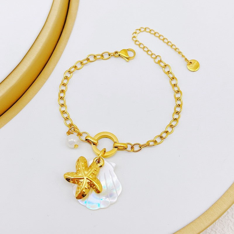 Beach Wind Ocean Series Starfish Dolphin Sea Fish Sea Turtle Element Shell Pendant Seaside Holiday Stainless Steel Bracelet