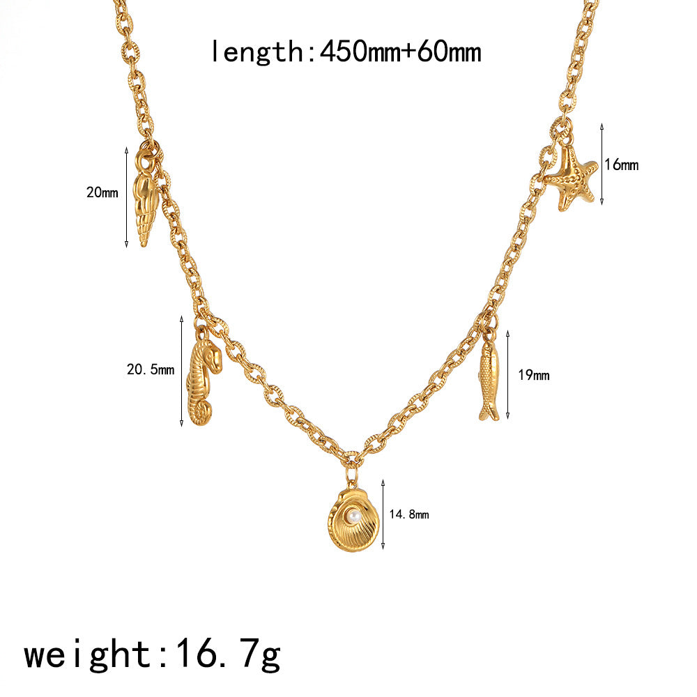 Cross-border European and American ocean starfish pendant, conch necklace, women's versatile light luxury stainless steel plated 18K gold-plated collarbone chain
