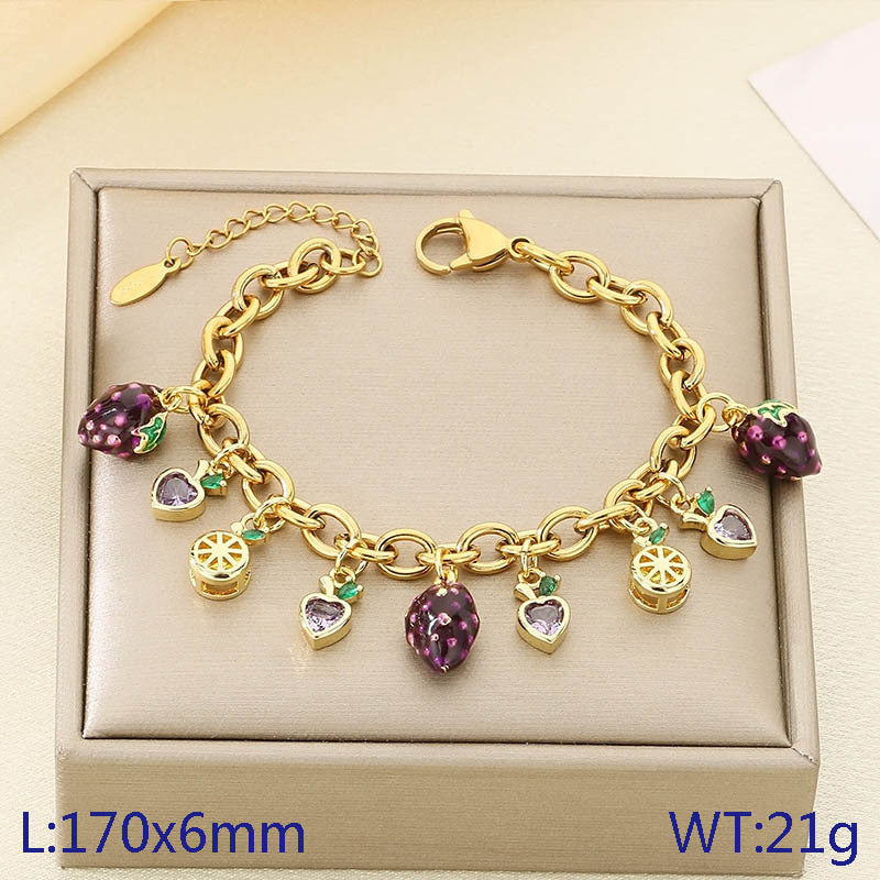 Cross-border fresh pastoral fruit series zircon strawberry durian cherry apple pendant stainless steel chain bracelet