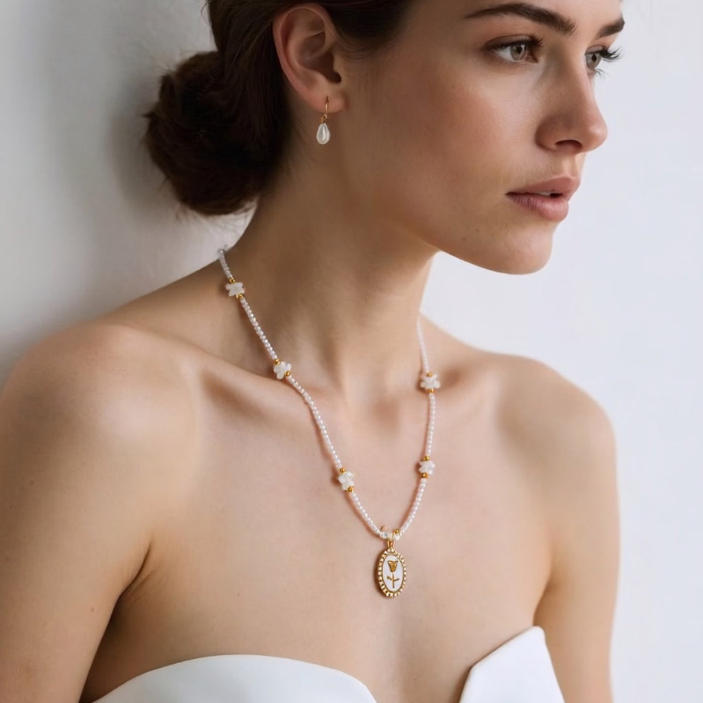 Gold Rose Charm Natural Stone Bead Pendant Necklace