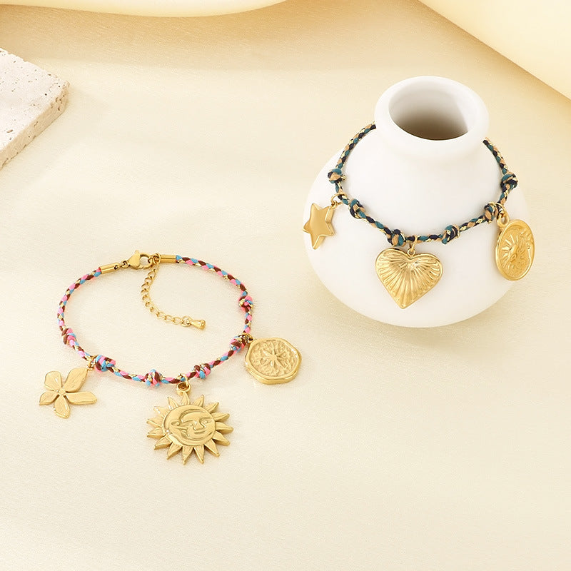 Fashion creative hand-woven colorful rope bohemian elements knitted love sun pendant bracelet jewelry