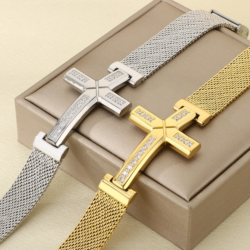 ins Creative Stainless Steel Bent Diamond Cross Titanium Steel Strap Chain Bracelet Fashion Accessories Jewelry Spot