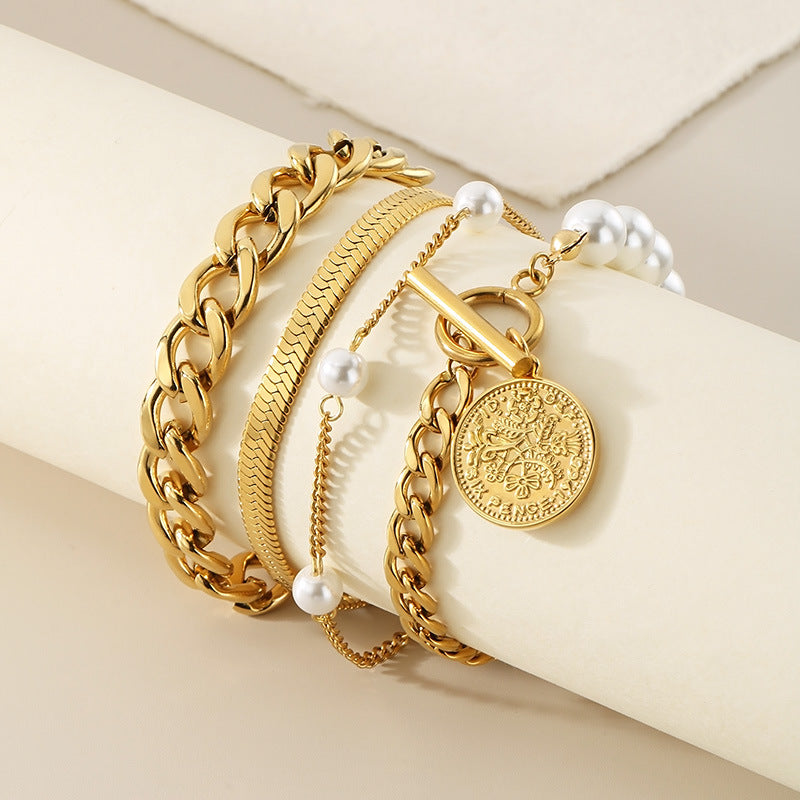 New products stacked with personalized splicing irregular Cuban snake bone chain bracelet four-piece fashionable stainless steel bracelet bracelet jewelry